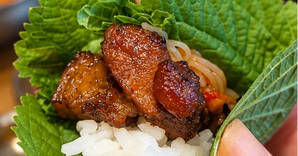 Collage showing leafy wraps filled with grilled meat and rice, and a hand folding a wrap.
