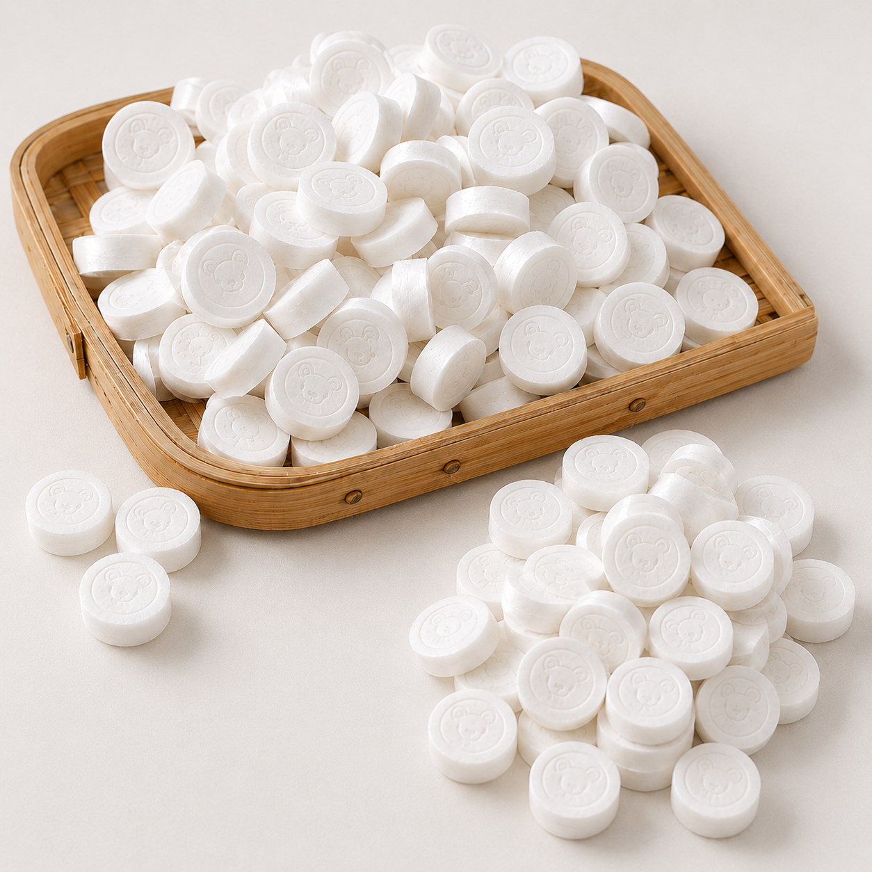 AI-generated illustration of many white coin-shaped compressed tissues arranged on a bamboo tray